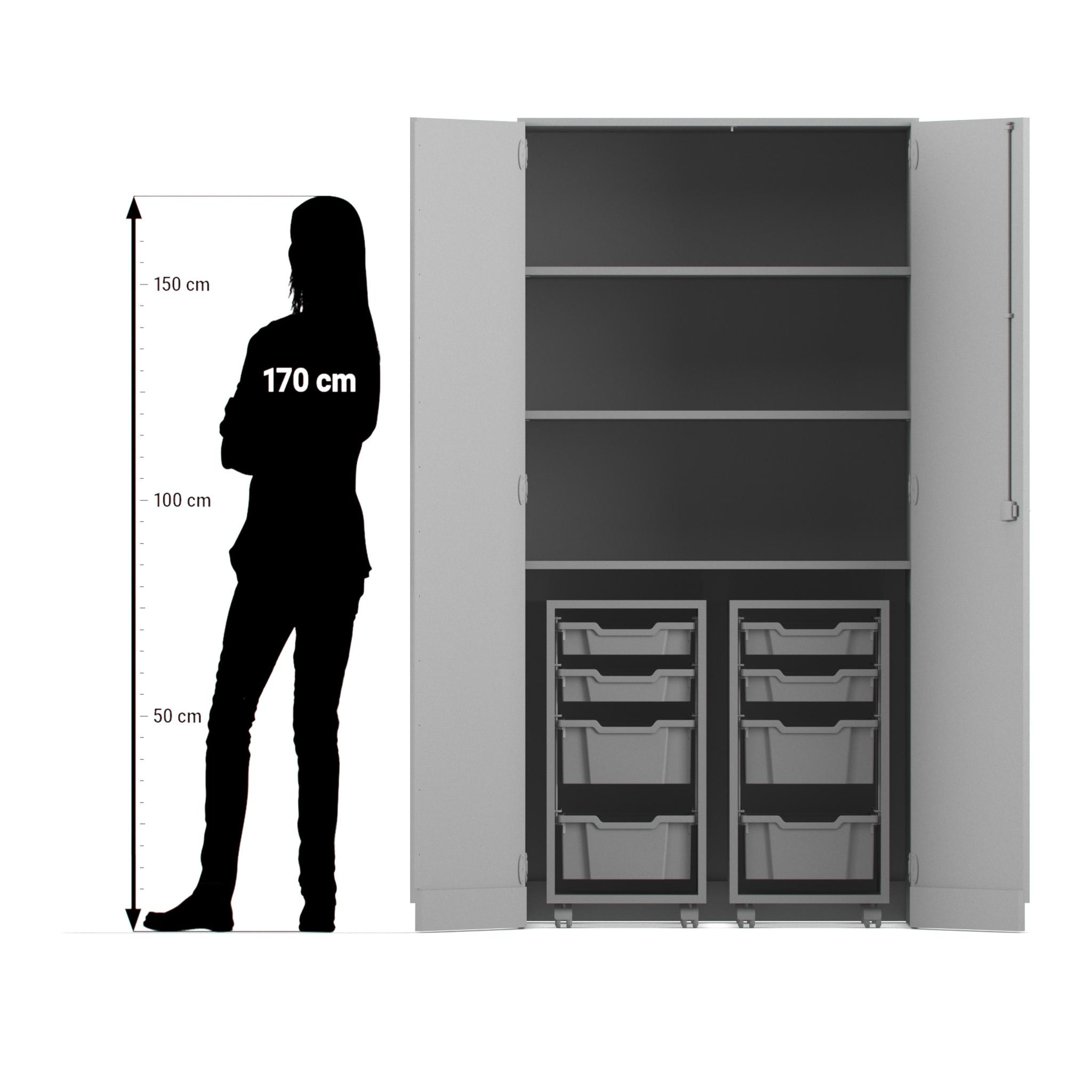 Flexeo® Garagenschrank PRO, Dekor grau, HxBxT: 190 x 94,4 x 60 cm, 2 Rollcontainer, 8 Boxen Gr. S und M, dunkelgrün/hellgrün, Bogengriff mit Schloss
