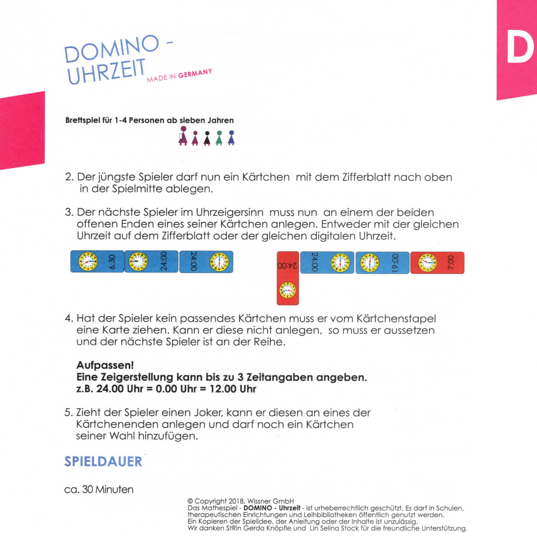 Domino Uhrzeit, Lernspiel, ab 7 Jahre