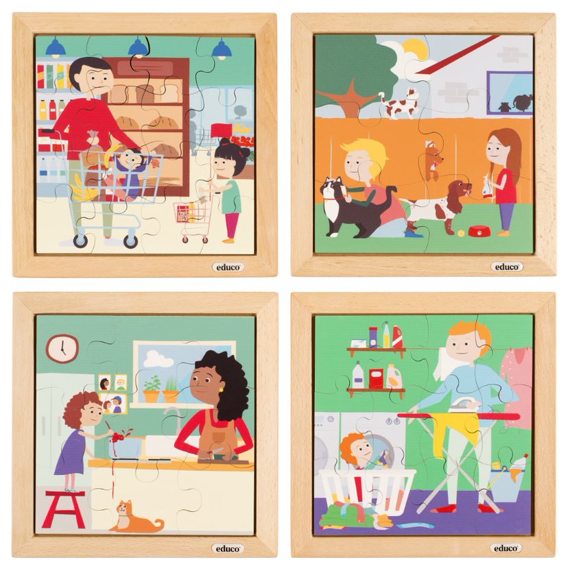 Bilderpuzzle 4er Set, Supermarkt, Garten, Küche und Waschküche, ab 3 Jahre