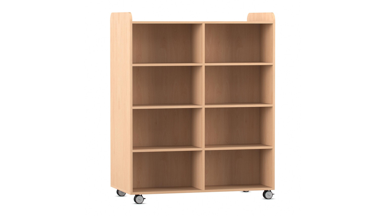 Flexeo® Regal, Buche hell, beidseitig je 6 Fachböden, BxHxT 126,4x158,6x66,8 cm, Rollen