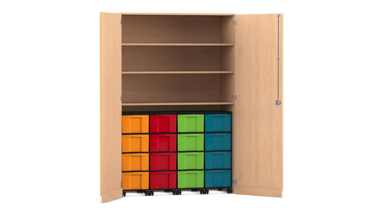 Flexeo® Garagenschrank, Buche hell, Bogengriff mit Schloss, HxBxT: 190 x 126,4 x 50 cm