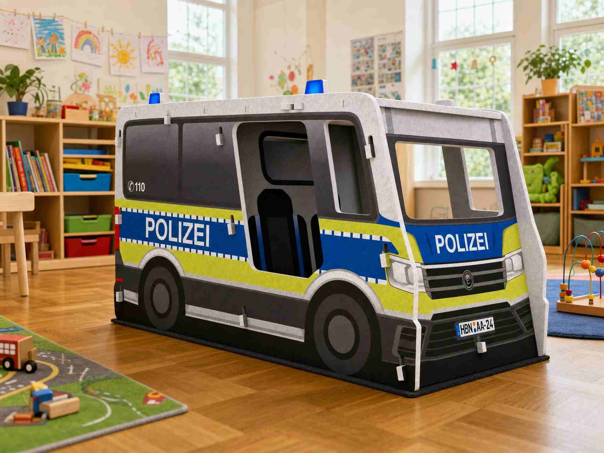Schallschutz Spielhaus Polizeiauto, B1-zertifiziert, 100 x 110 x 205 cm