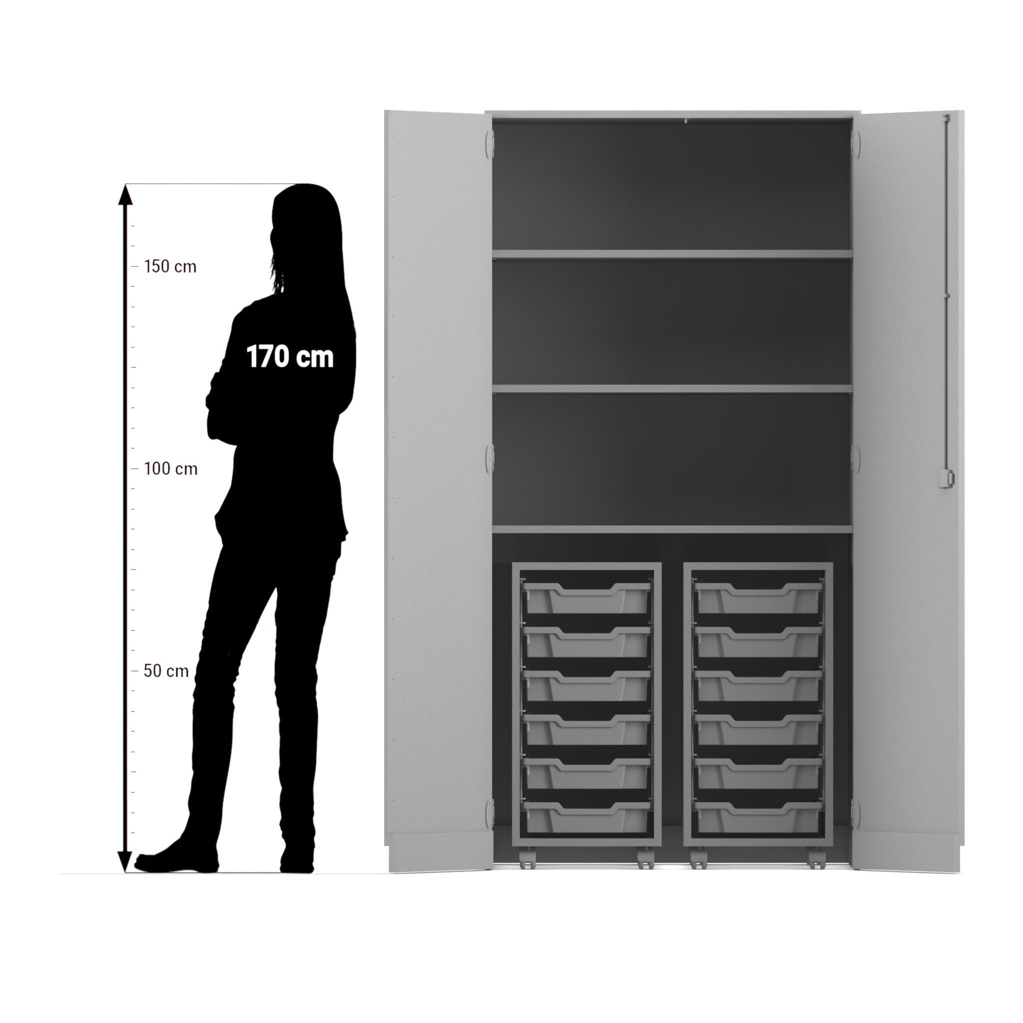 Flexeo® Garagenschrank PRO, Buche hell, 2 Rollcontainer, 12 kleine Boxen bunt, 3 Fächer, HxBxT: 190 x 94,4 x 60 cm