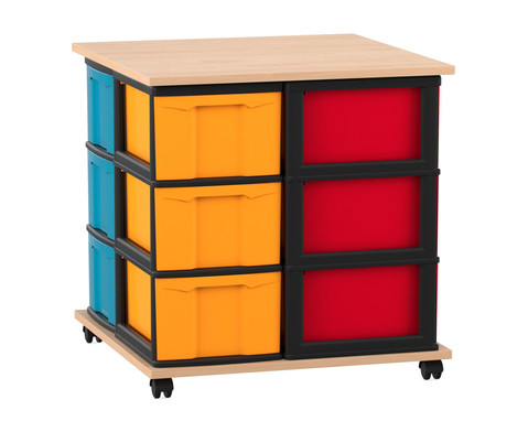 Flexeo® Fahrbares Containersystem Ahorn honig mit Ablage, 12 große Boxen, bunt