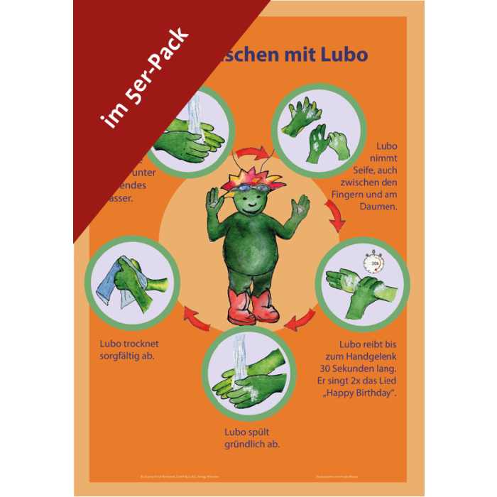 Lubo aus dem All!, Poster DIN A2, Hände waschen mit Lubo, 5 Stück