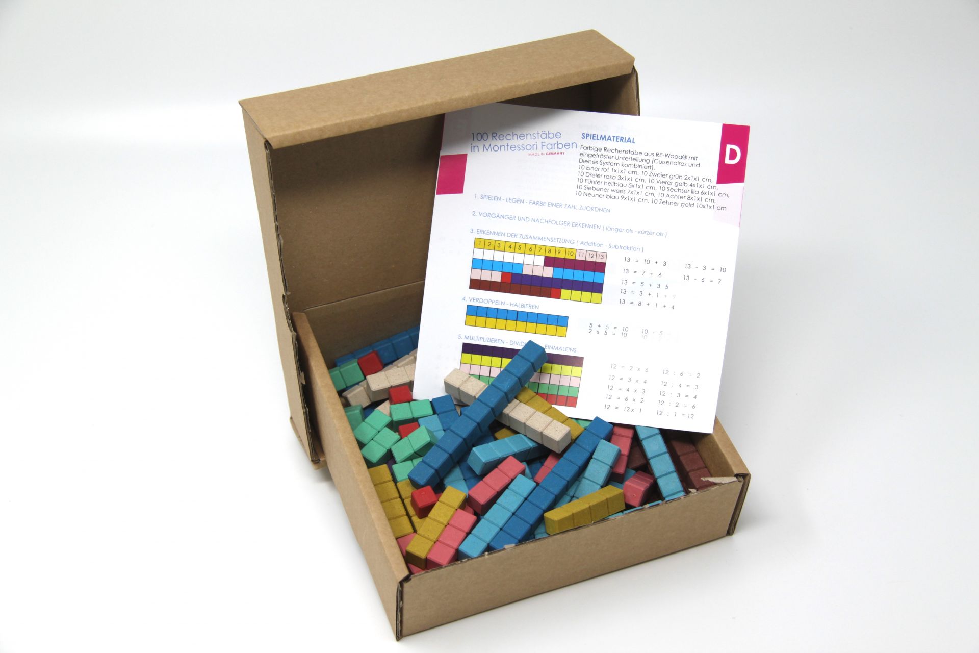Rechenstäbe in 10 Montessori-Farben, aus RE-Wood®, 100 Stück im Karton mit Anleitung