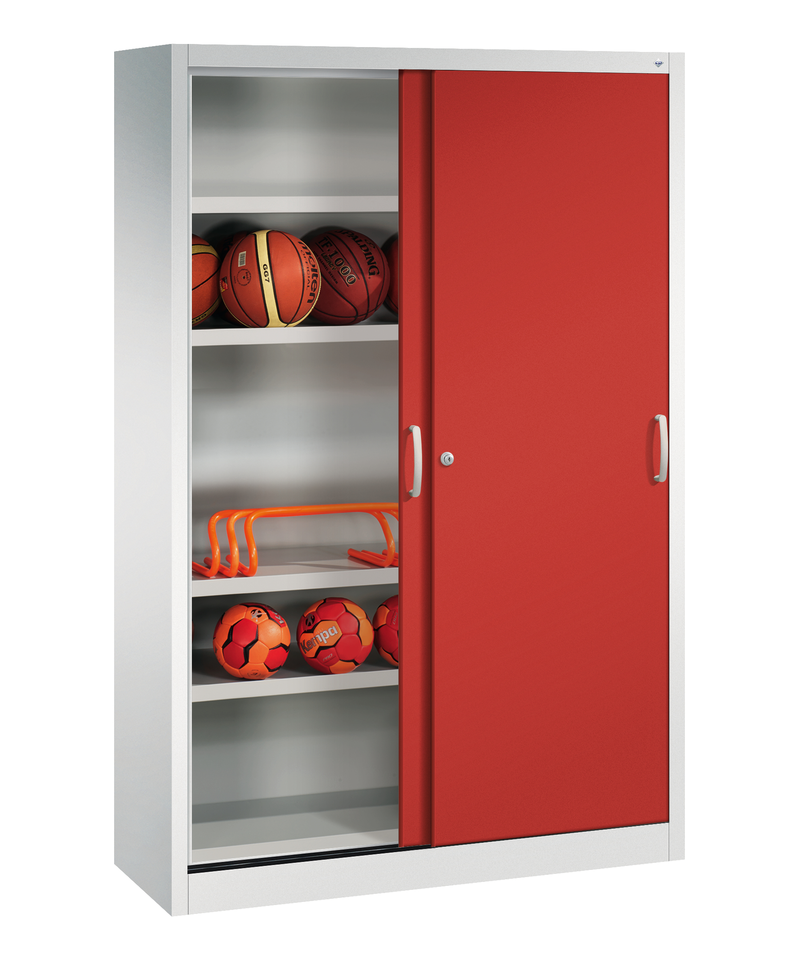 C+P Sportgeräteschrank, 1950x1200x400mm, Korpus RAL 7035 Lichtgrau, Front RAL 3020 Verkehrsrot