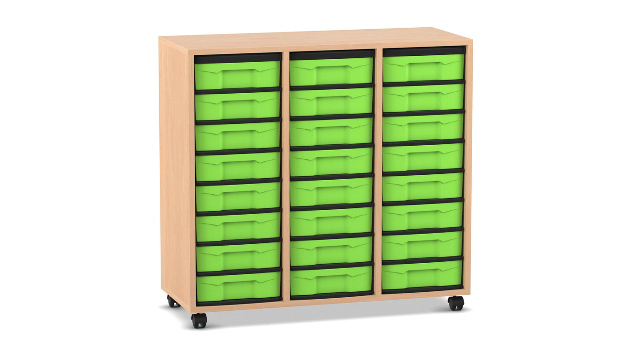 Flexeo Regal mit 3 Reihen, Buche hell, Rollen, 24 Boxen grün, HxBxT: 92,3x98,6x40,8 cm