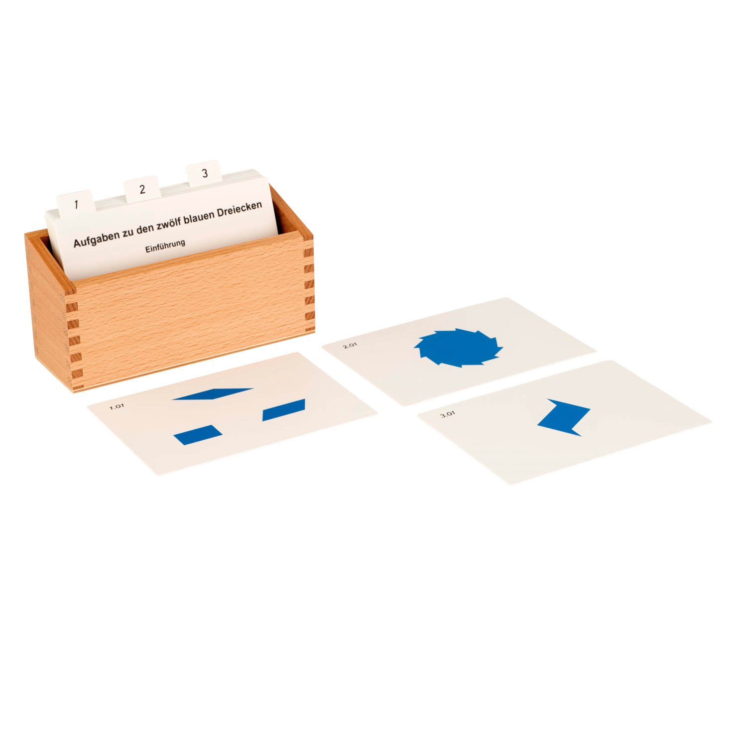 Kasten mit Aufgabenkarten für die blauen Dreiecke