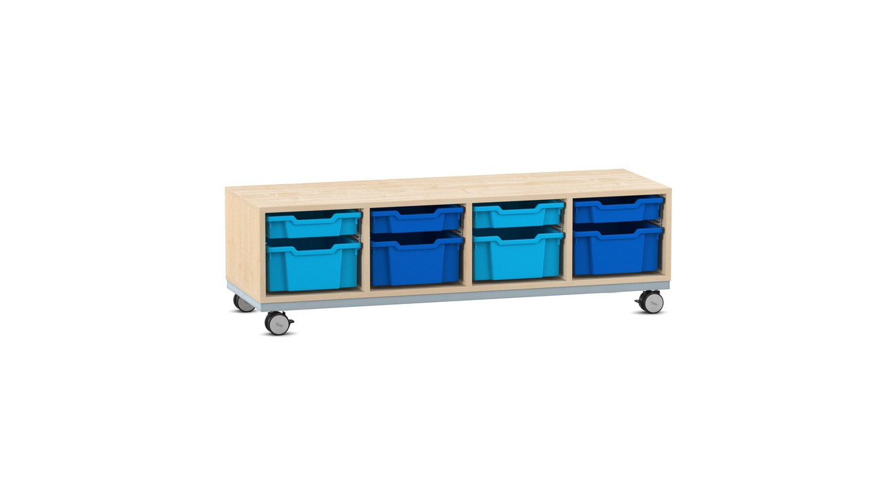 Flexeo® Sitzregal PRO Ahorn honig, Stahlrahmen, 4 Reihen, je 4 große und kleine Boxen hellbau/dunkelblau, Rollen