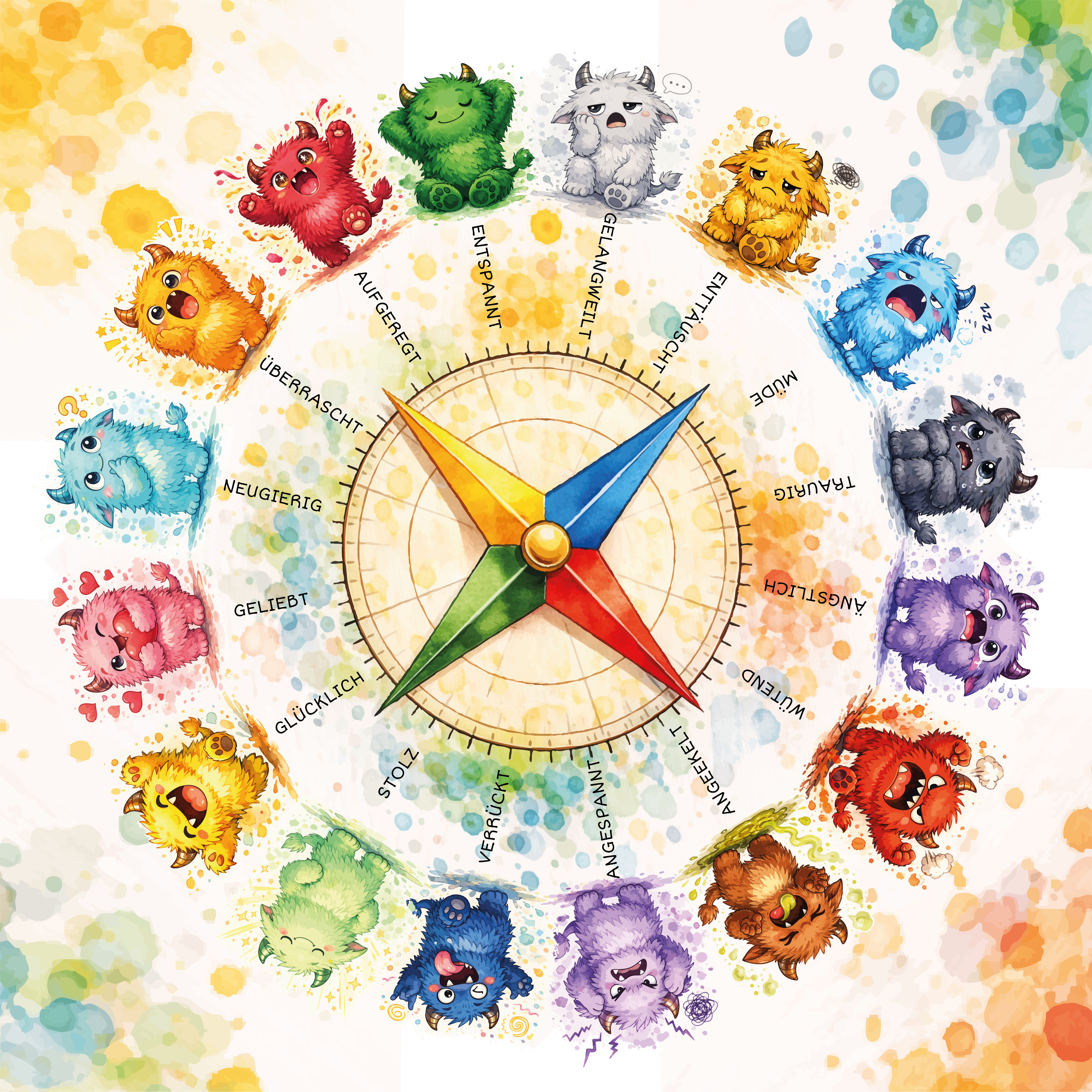Teppich Emotionskompass, 16 Monster mit verschiedenen Gefühlen, für Kinder, 155 x 155 cm