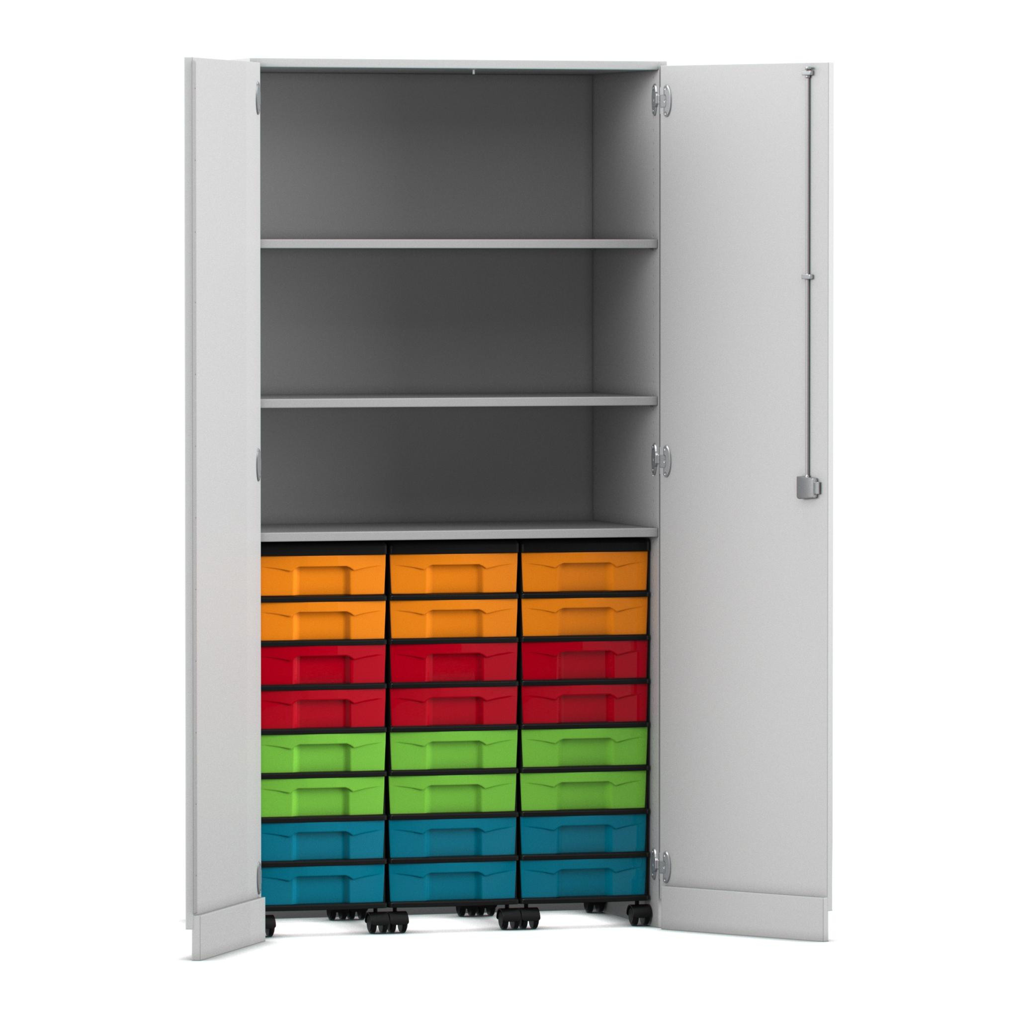 Flexeo Garagenschrank mit 3 Rollcontainer, Dekor grau, HxBxT: 190 x 94,4 x 60 cm, 24 kleine Boxen bunt, Schloss