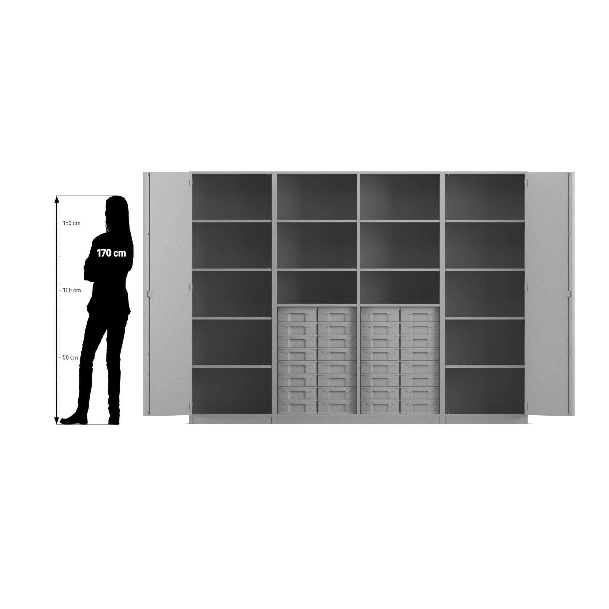 Flexeo Systemschrankwand Mars, Ahorn honig, HxBxT: 190 x 254,6 x 50 cm, 32 kleine Boxen transparent, Bogengriff mit Schloss