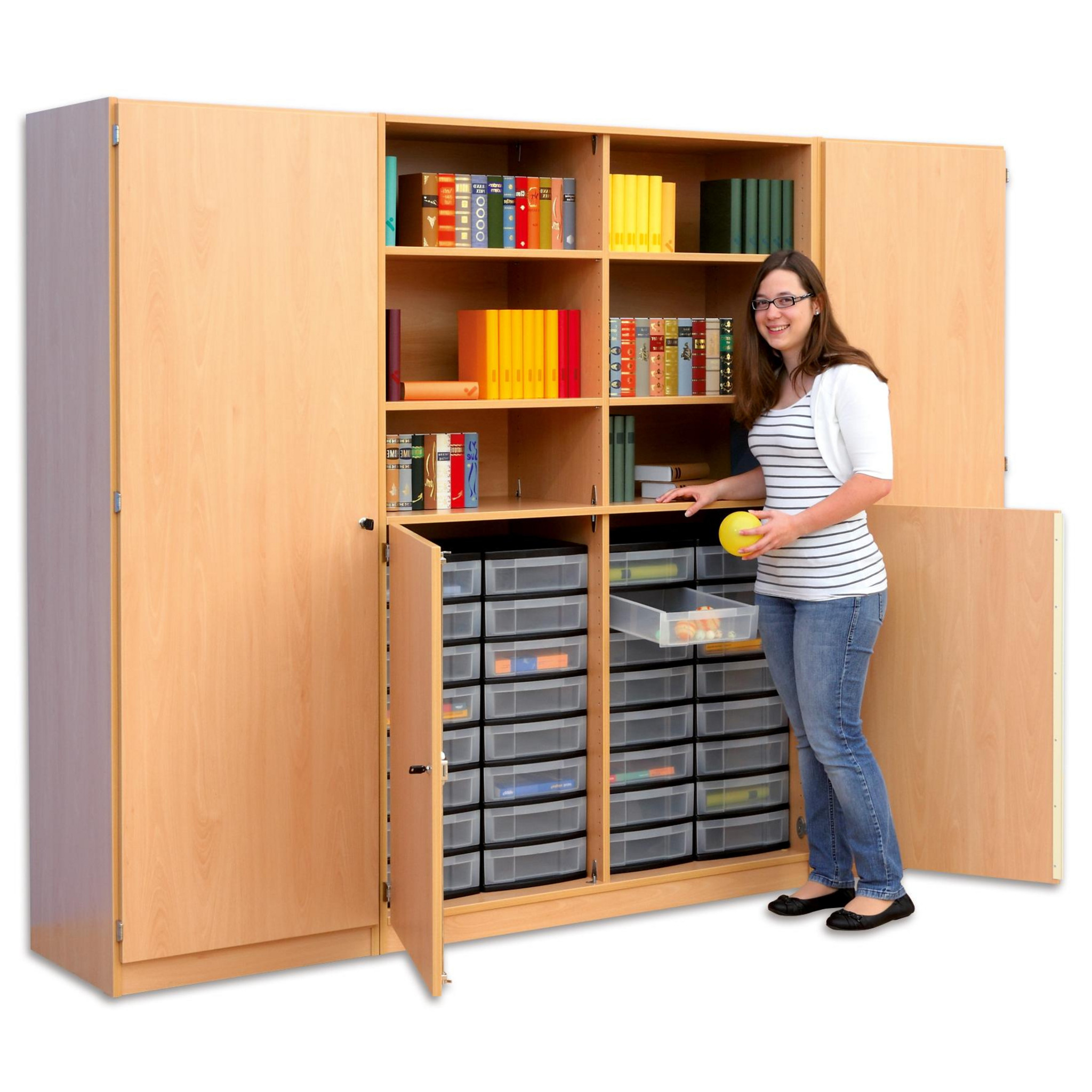 Flexeo Systemschrankwand Jupiter, Ahorn honig, 32 kleine Boxen transparent