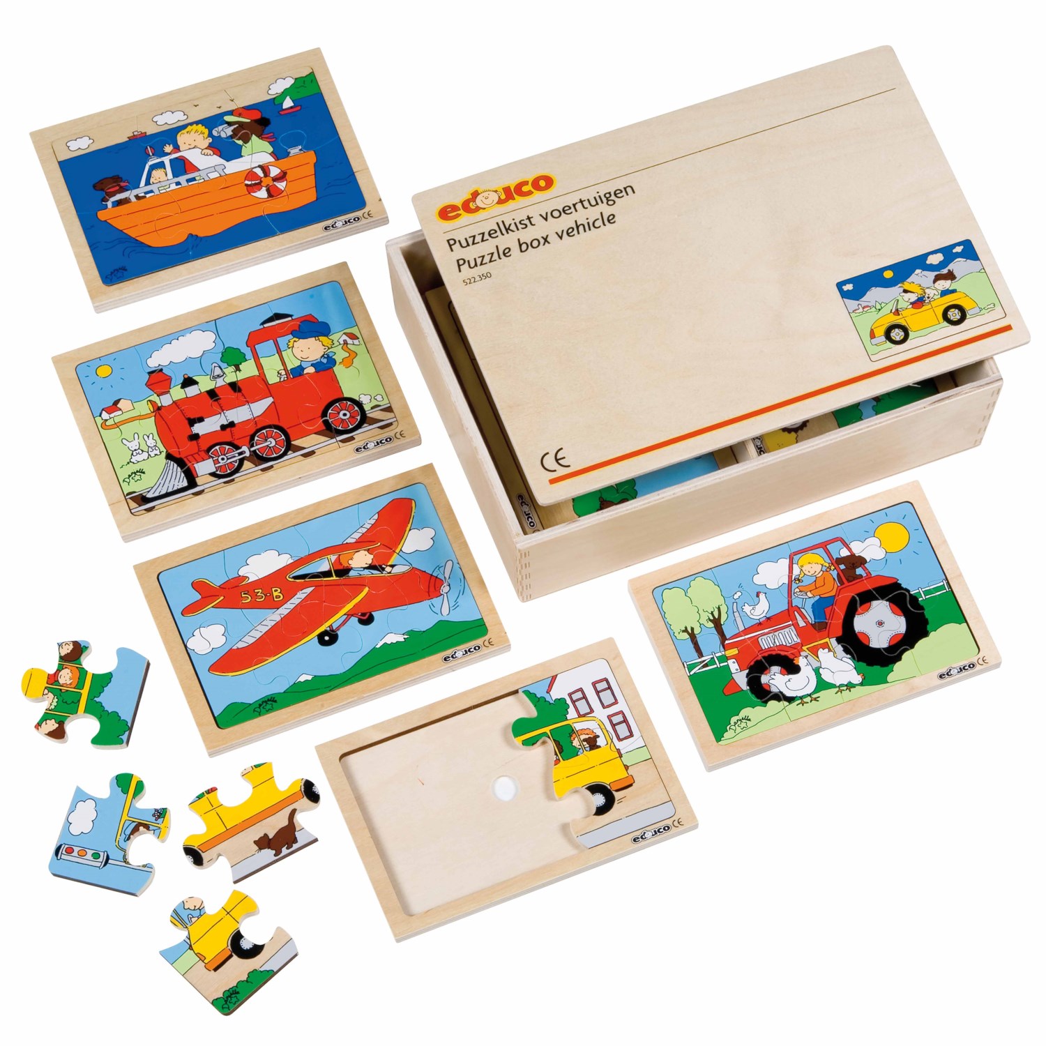 Puzzlebox Fahrzeuge, 10 Stück je 6-8 Teile in Holzbox, ab 3 Jahre