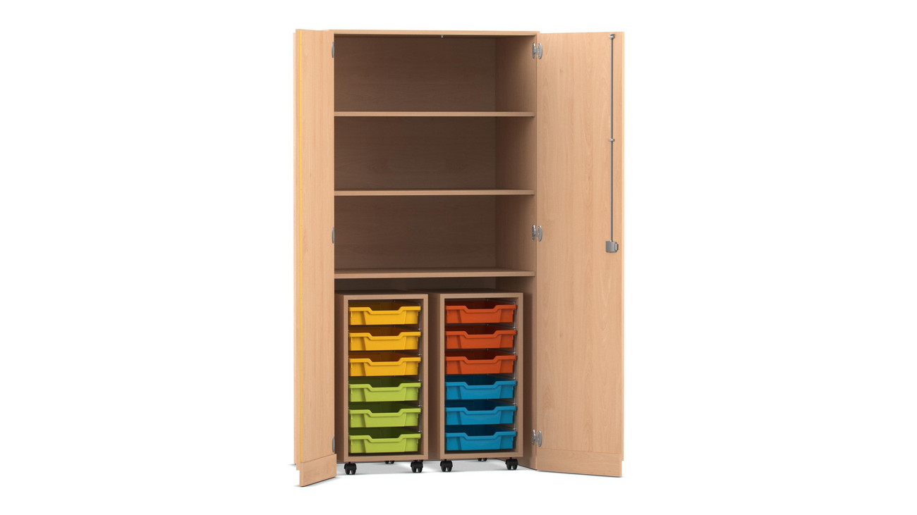 Flexeo® Garagenschrank PRO, Buche hell, 2 Rollcontainer, 12 kleine Boxen bunt, 3 Fächer, HxBxT: 190 x 94,4 x 60 cm
