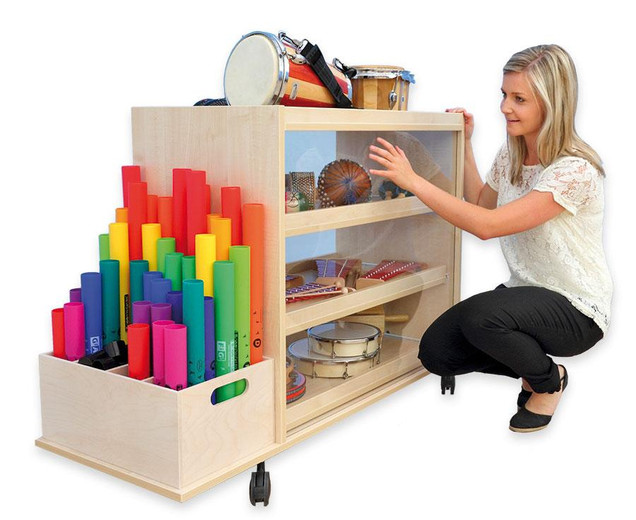 Musikwagen mit Aufkantung und 3 Auszügen, Ahorn Honig, mit Box für Boomwhackers